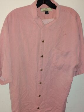 Tommy Bahama Camp Shirt Cigar Club Embroidered‎ SiZe:L Button Up Peach 100% Silk